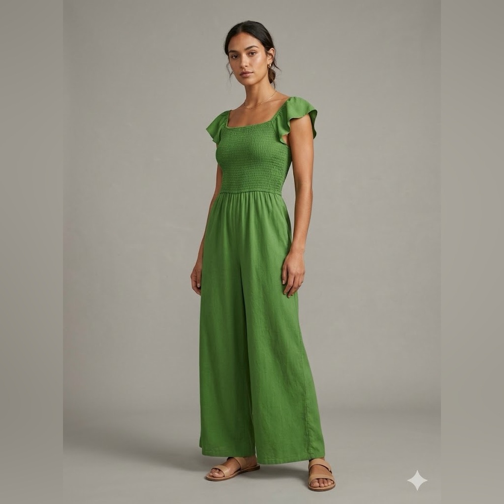 Cottagecore Green Smocked Jumpsuit Flutter Sleeve Wide Leg Picnic Style Sz Small